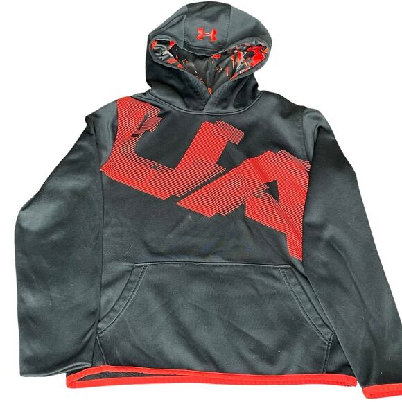 Under Armour Kids Large Hoodie ColdGear Youth Fleece Sweatshirt Black Red - Picture 5 of 10